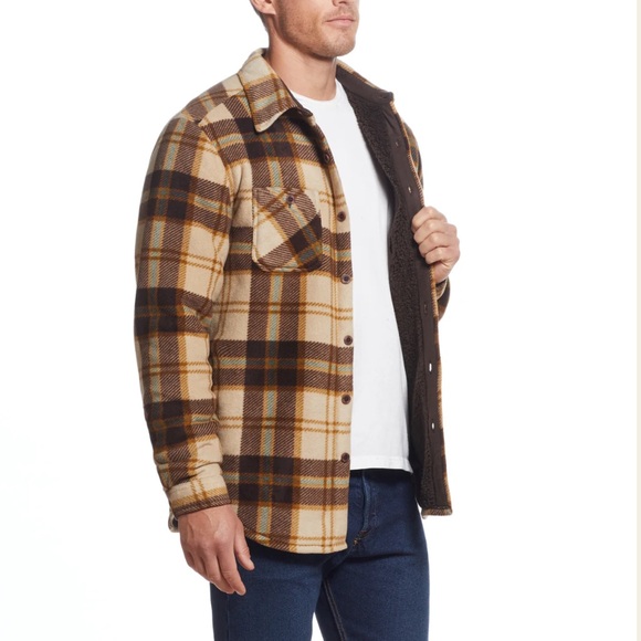Sherpa Lined Shirt Jacket In‎ Black and Brownn Plaid Sz Large with pockets